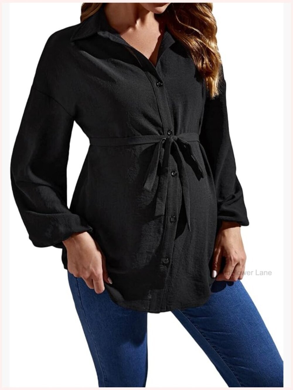 Maternity Blouse Long Sleeve Button Down Shirt with Belt